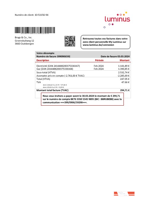 Belgium Luminus business utility bill template in Word and PDF format